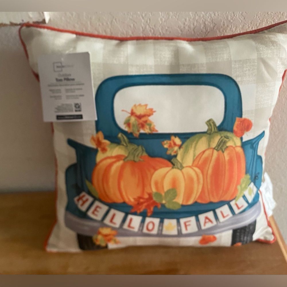 Hello Fall Farmhouse Truck Print Outdoor Toss Throw Pillow 16x16 Seasonal Decor
